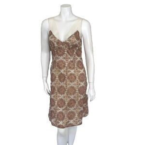 Wendy Hil Tulle Art To Wear V-Neck Sheath Dress Size Medium Brocade Cream Peach